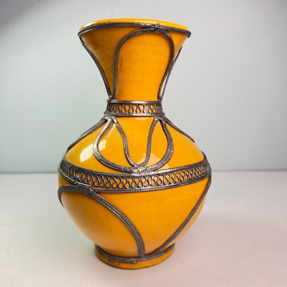 Vintage Moroccan Mustard Yellow Vase Terracotta Silver Filigree Overlay 6 3/4"